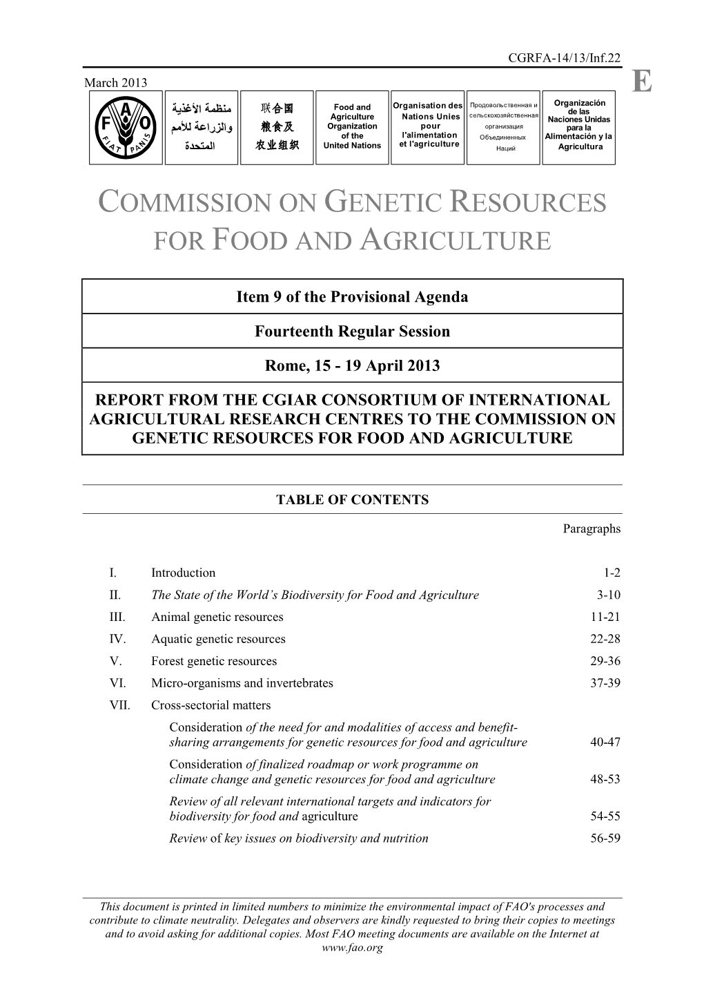 Report from the Cgiar Consortium of International Agricultural Research Centres to the Commission on Genetic Resources for Food and Agriculture