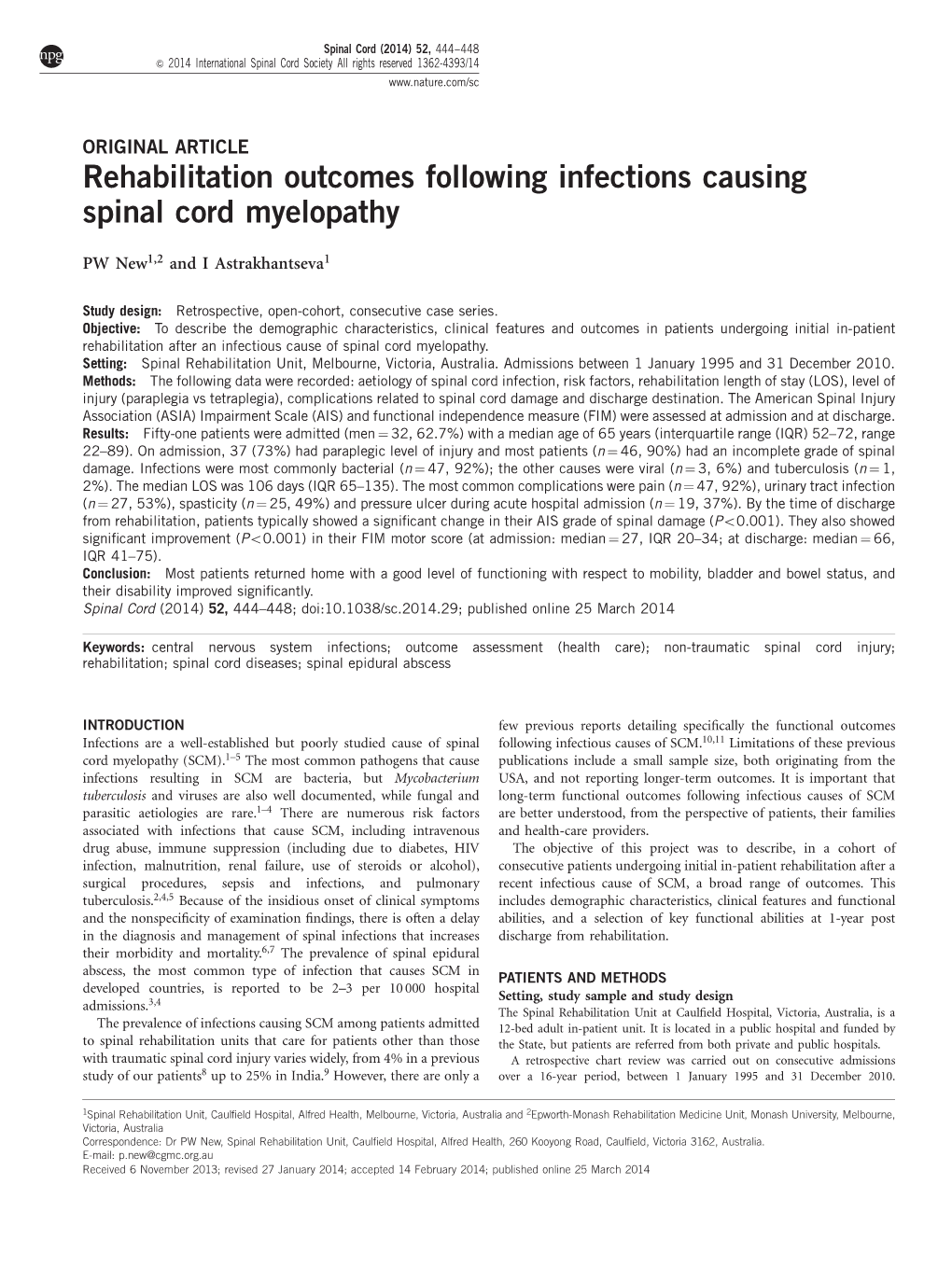 Rehabilitation Outcomes Following Infections Causing Spinal Cord Myelopathy