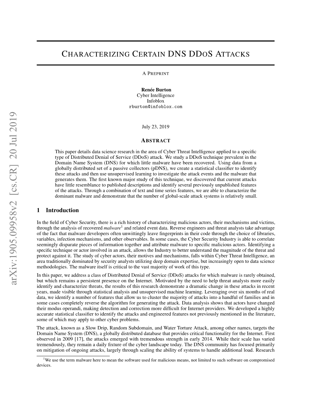 Characterizing Certain Dns Ddos Attacks