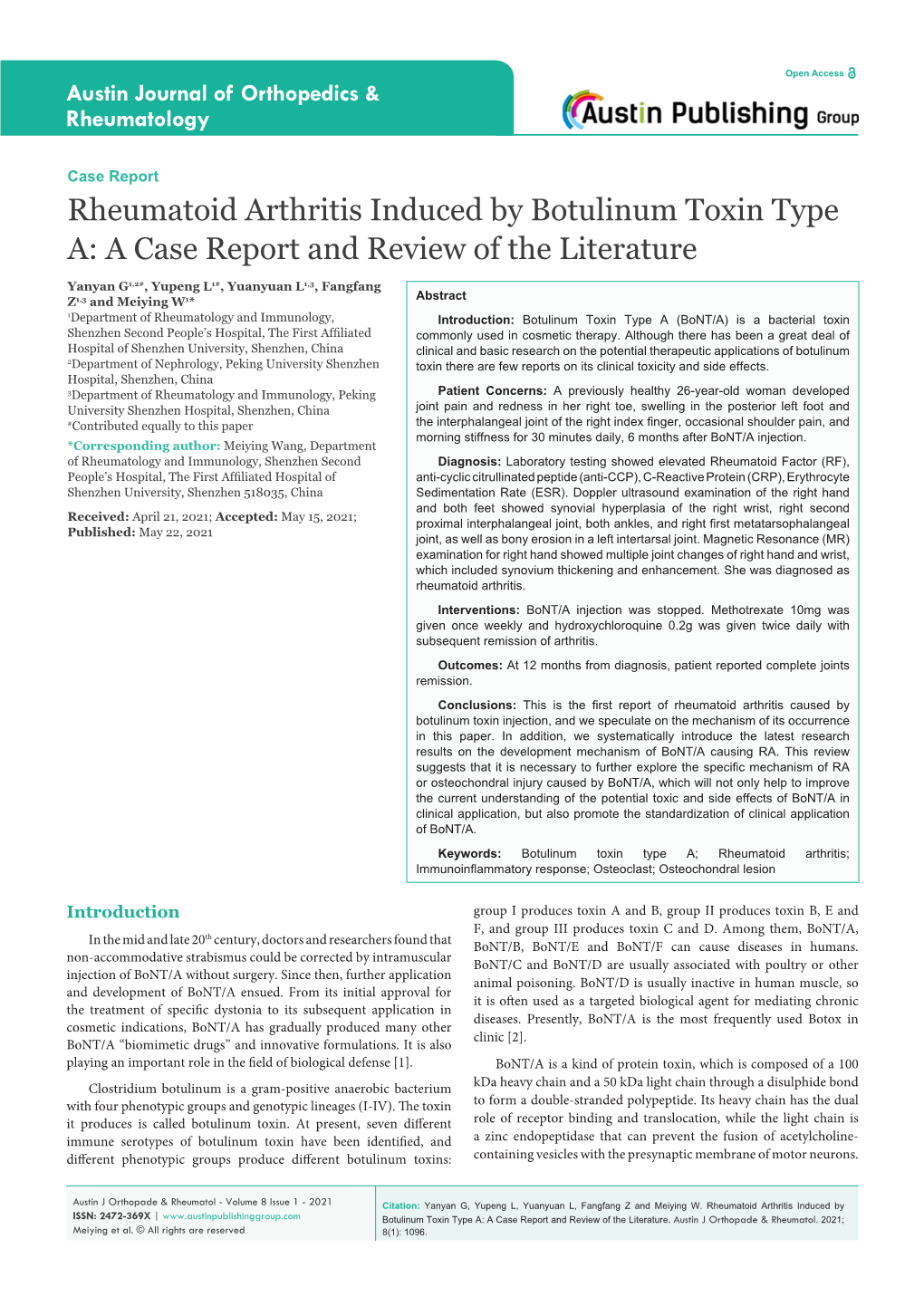 Rheumatoid Arthritis Induced by Botulinum Toxin Type A: a Case Report and Review of the Literature