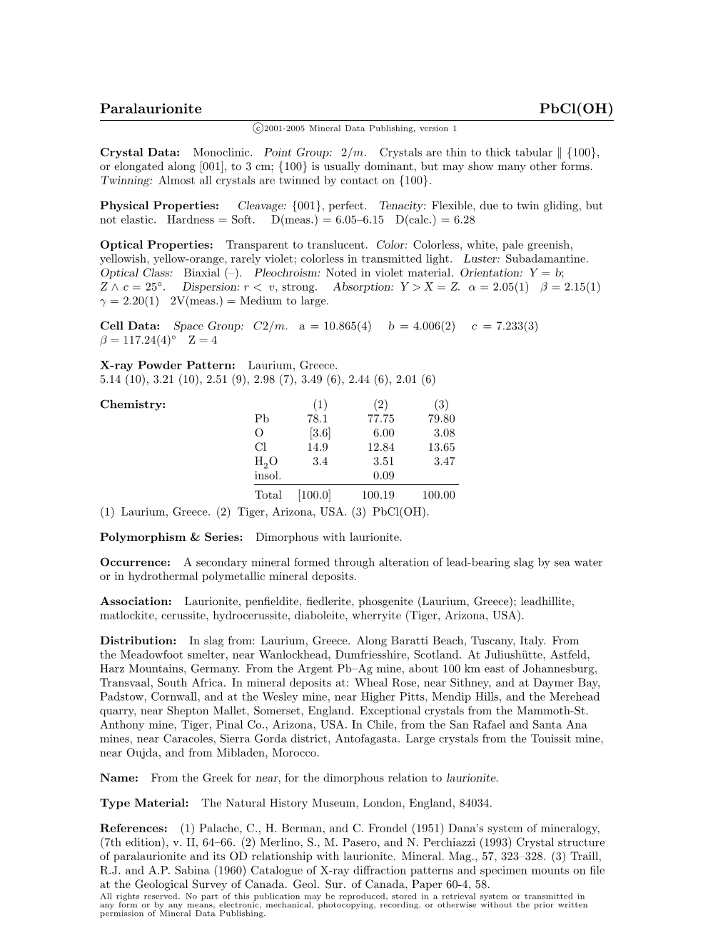 Paralaurionite Pbcl(OH) C 2001-2005 Mineral Data Publishing, Version 1