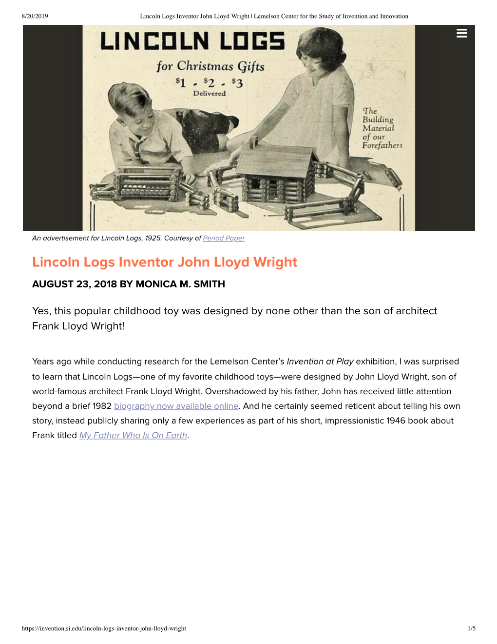 Lincoln Logs Inventor John Lloyd Wright | Lemelson Center for the Study of Invention and Innovation 