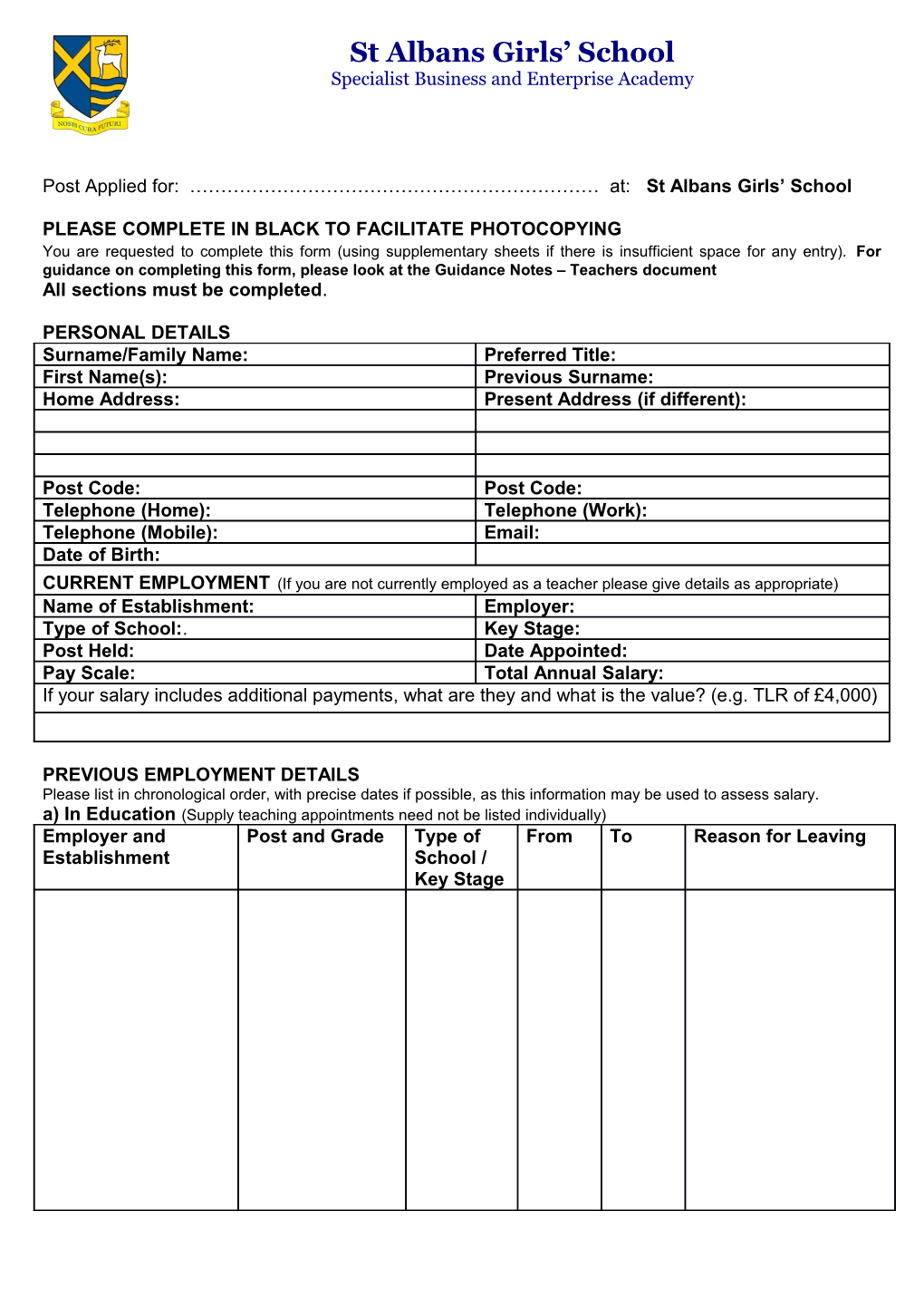 Hertfordshire County Council Job Application Form - Teaching (Teaching)