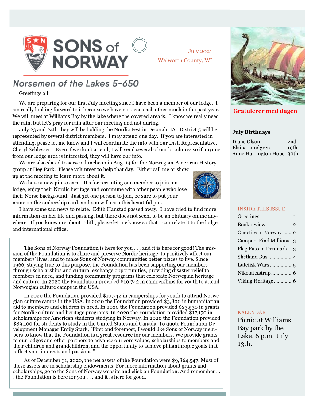 Norsemen of the Lakes Newsletter July 2021