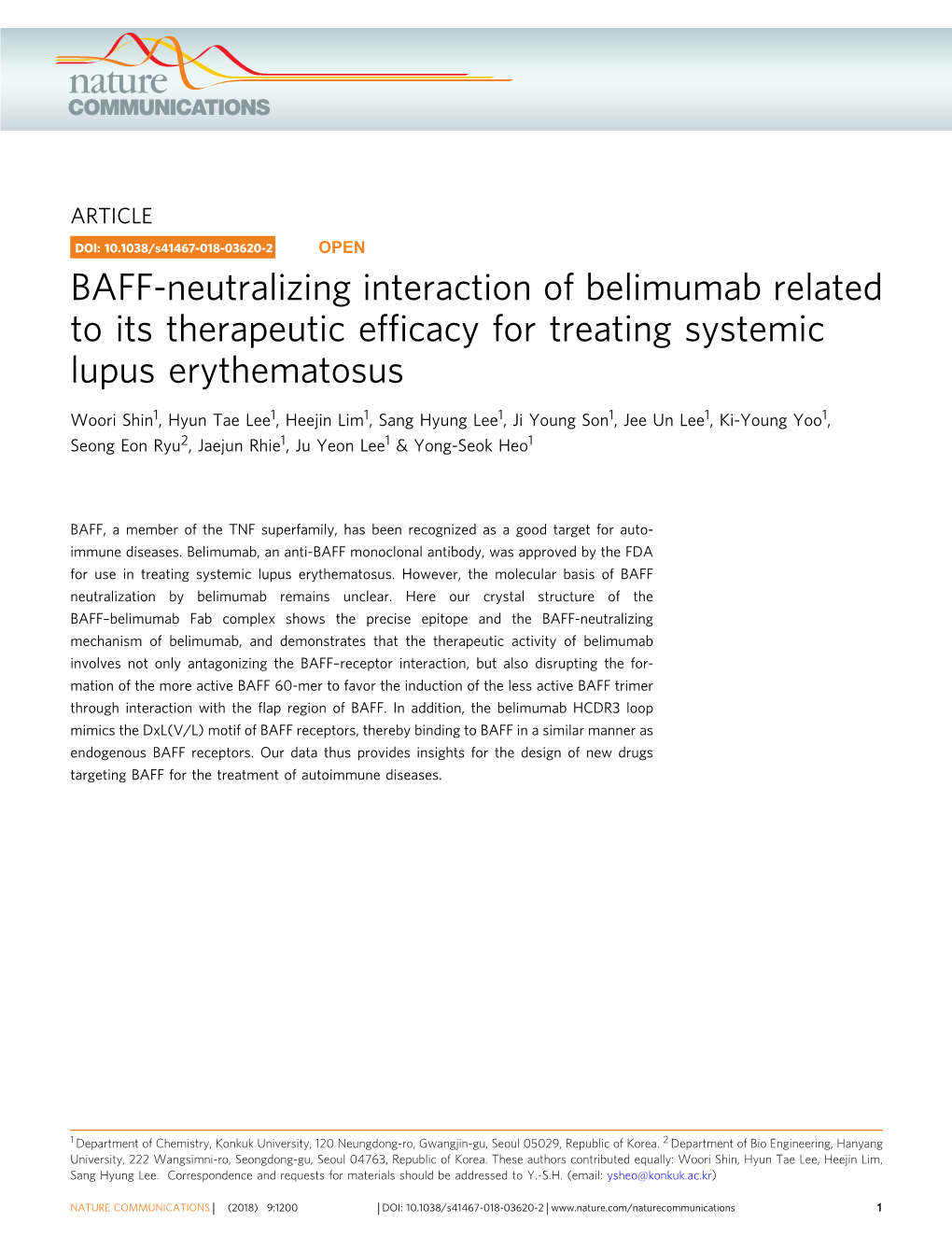 BAFF-Neutralizing Interaction of Belimumab Related to Its Therapeutic Efﬁcacy for Treating Systemic Lupus Erythematosus