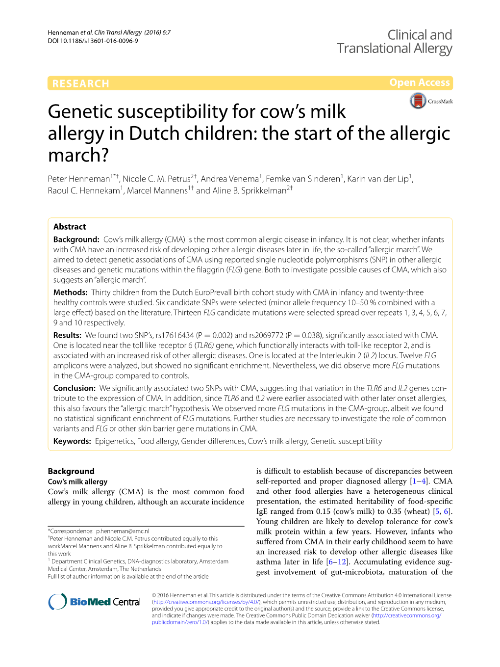 Genetic Susceptibility for Cow's Milk Allergy in Dutch Children