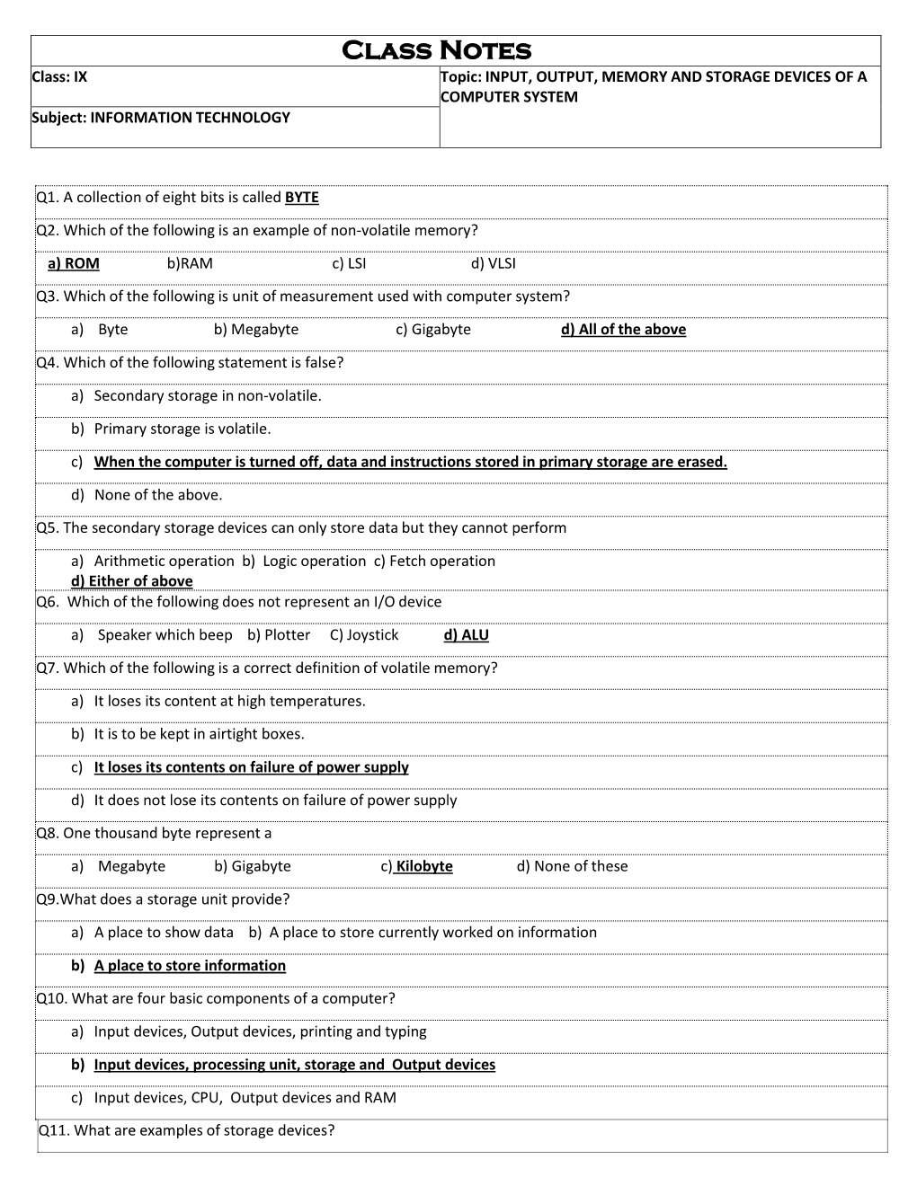 Class Notes Class: IX Topic: INPUT, OUTPUT, MEMORY and STORAGE DEVICES of a COMPUTER SYSTEM Subject: INFORMATION TECHNOLOGY