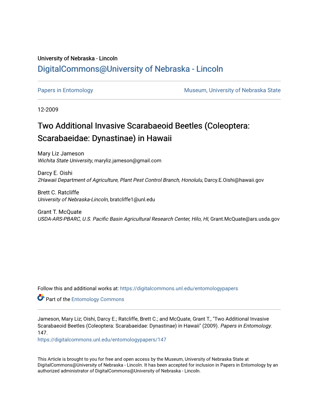 Two Additional Invasive Scarabaeoid Beetles (Coleoptera: Scarabaeidae: Dynastinae) in Hawaii