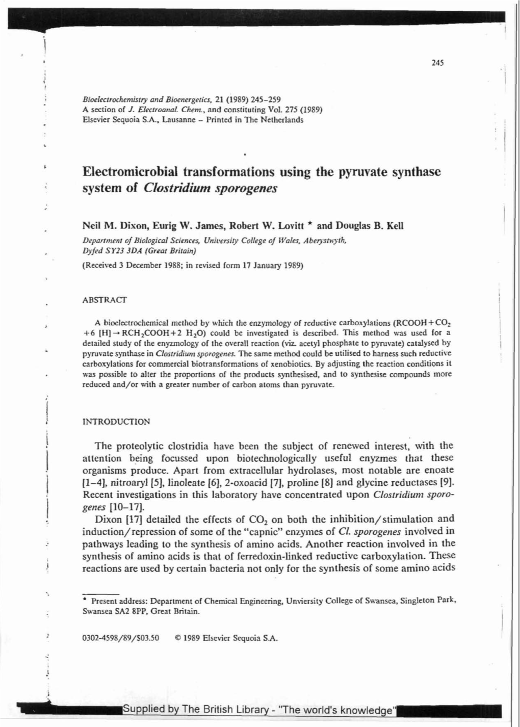 Electromicrobial Transformations Using the Pyruvate Synthase System of Clostridium Sporogenes