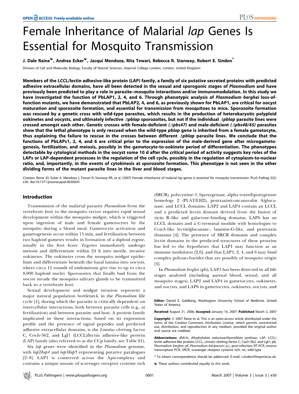 Female Inheritance of Malarial Lap Genes Is Essential for Mosquito Transmission