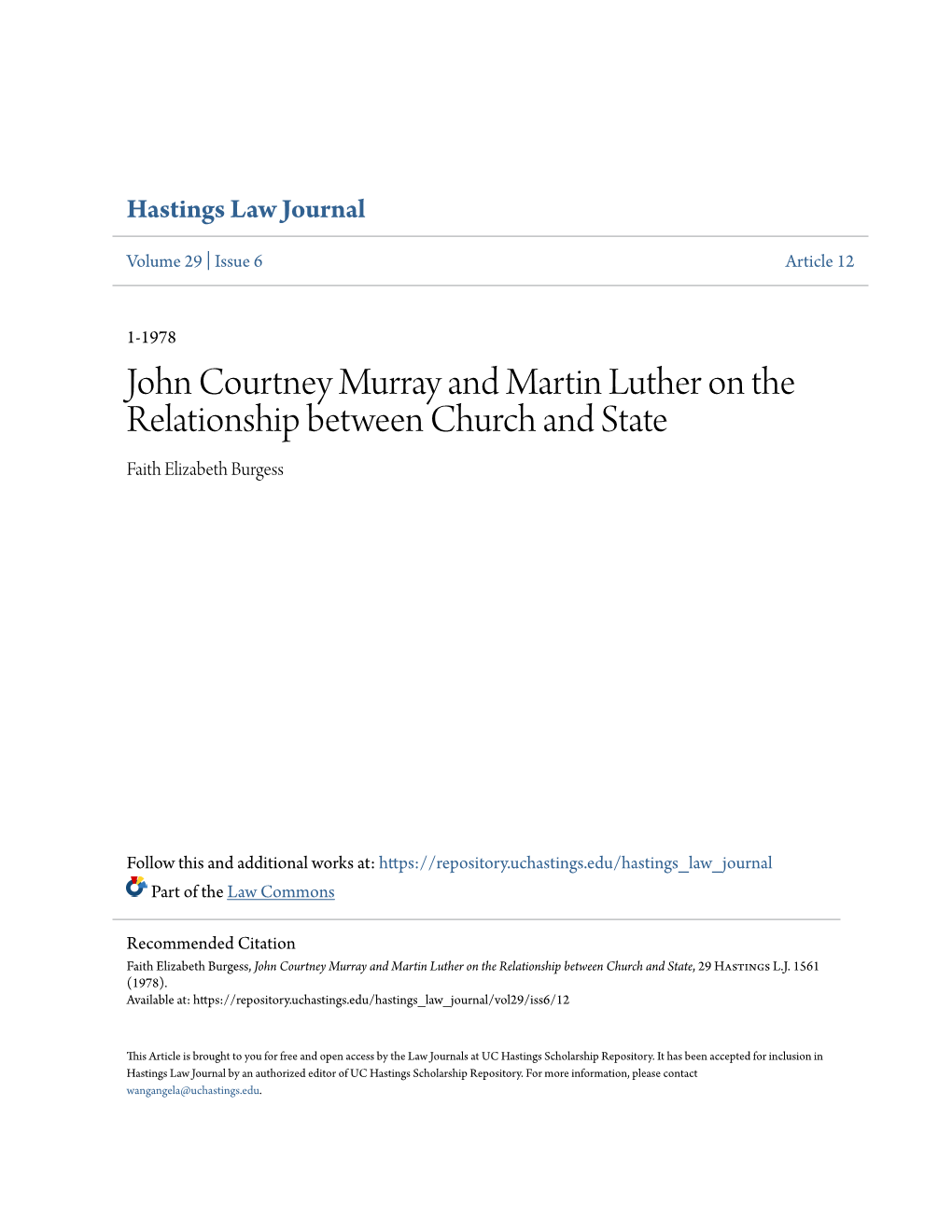 John Courtney Murray and Martin Luther on the Relationship Between Church and State Faith Elizabeth Burgess