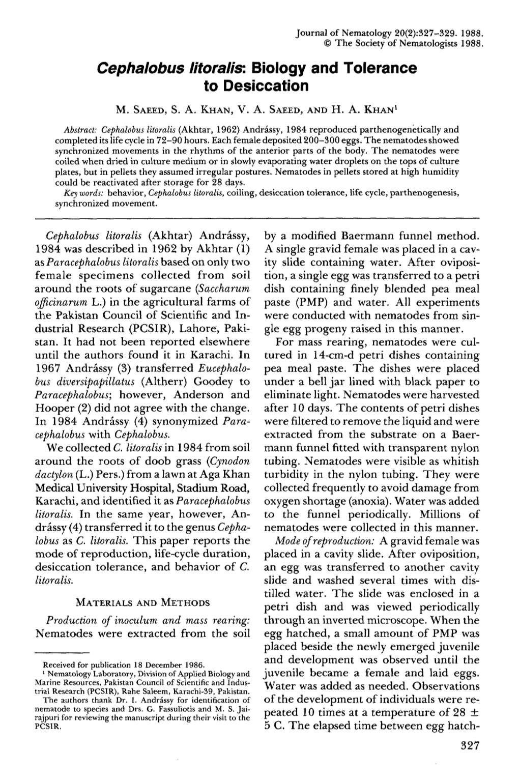 Cephalobus Litoralis: Biology and Tolerance to Desiccation