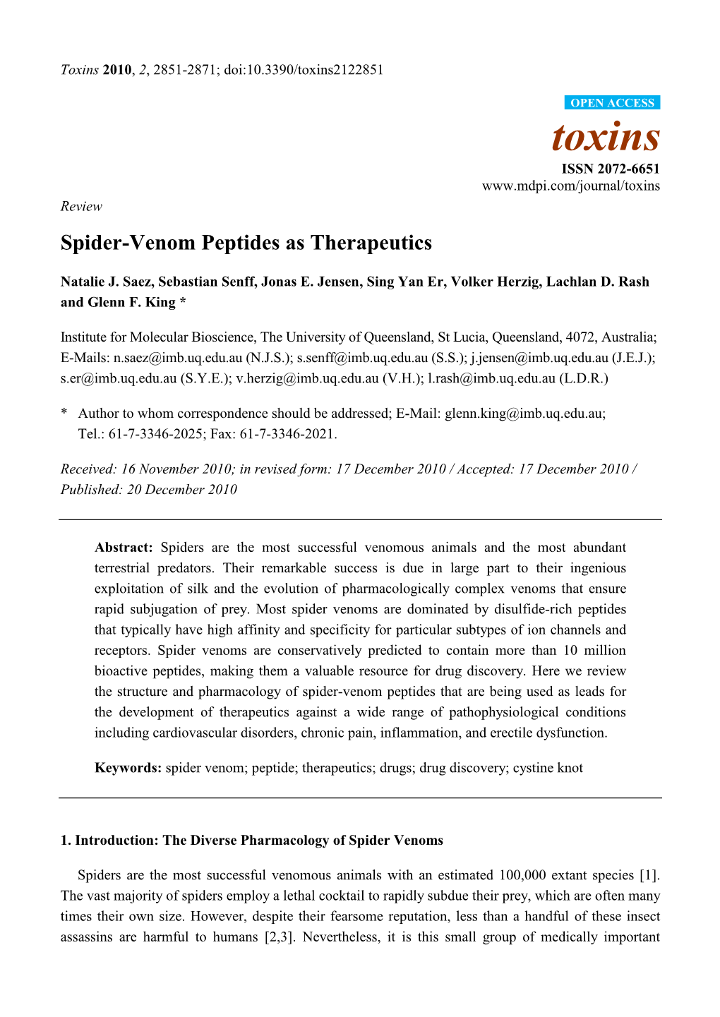 Spider-Venom Peptides As Therapeutics