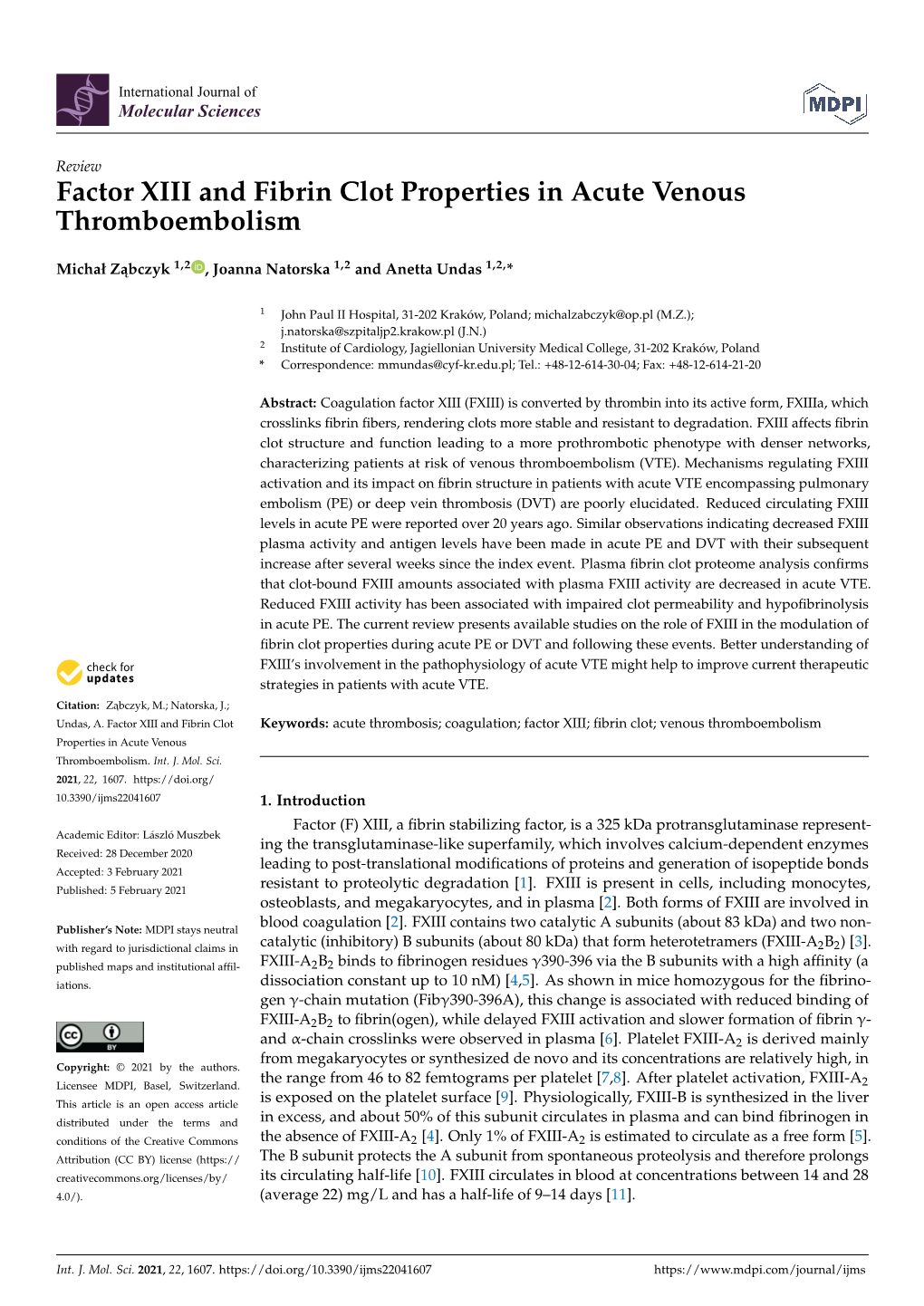 Factor XIII and Fibrin Clot Properties in Acute Venous Thromboembolism