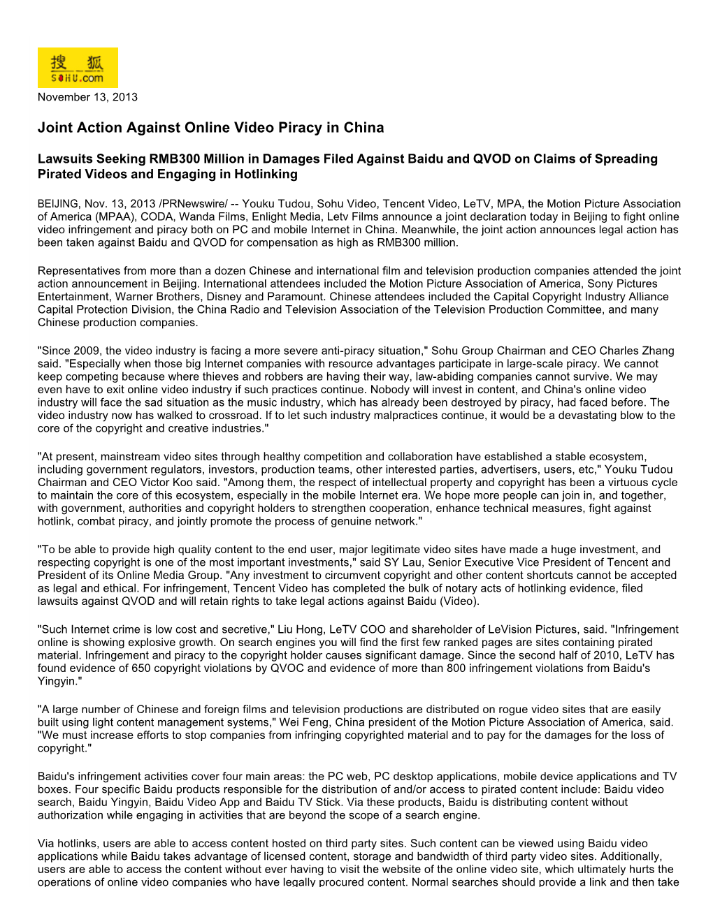 Joint Action Against Online Video Piracy in China