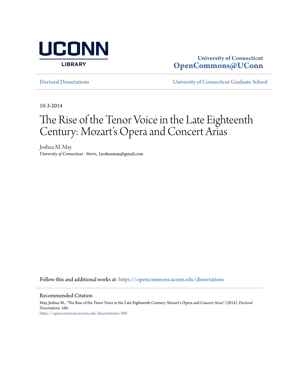 The Rise of the Tenor Voice in the Late Eighteenth Century: Mozart’S Opera and Concert Arias Joshua M