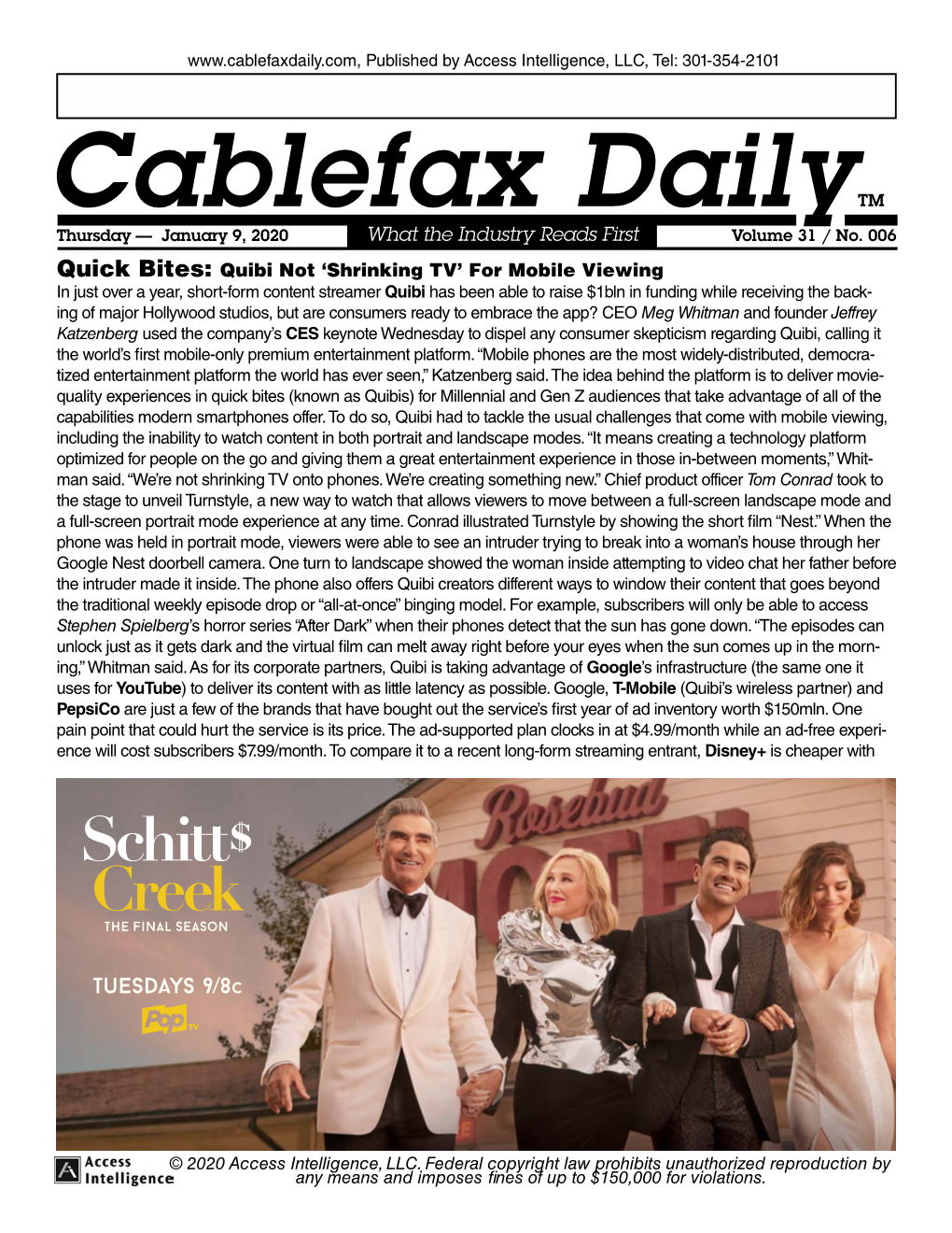 Cablefax Dailytm Thursday — January 9, 2020 What the Industry Reads First Volume 31 / No