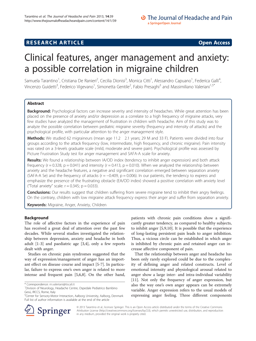 Clinical Features, Anger Management and Anxiety