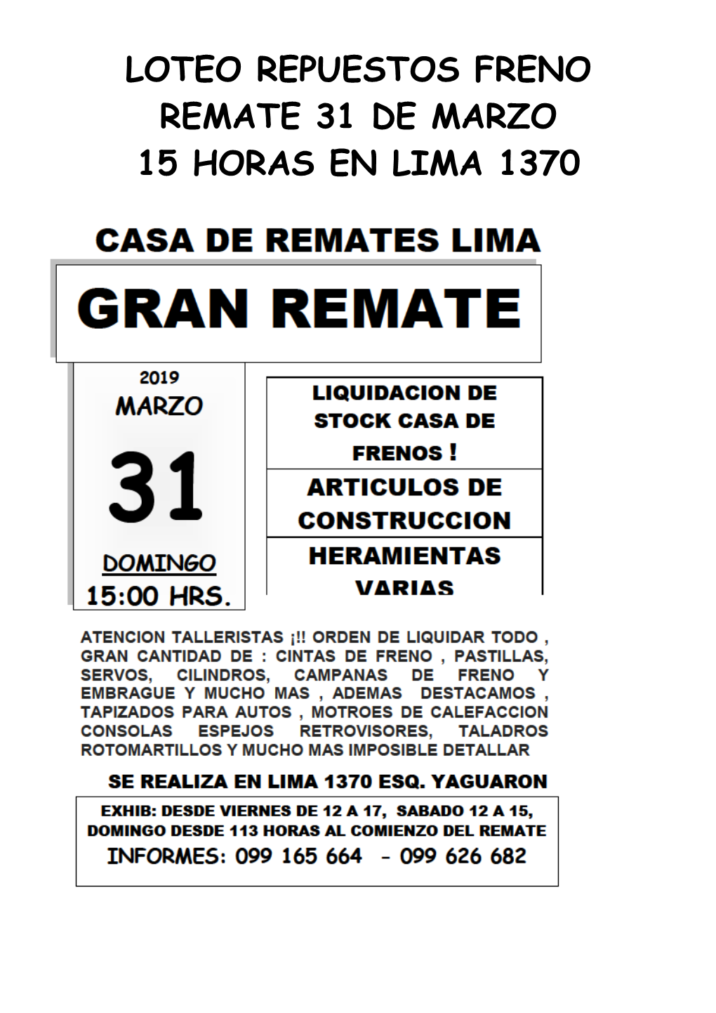 Loteo Repuestos Freno Remate 31 De Marzo 15 Horas En Lima 1370 Varios