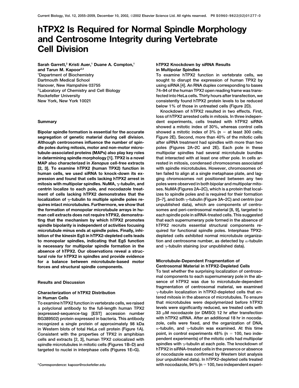 Htpx2 Is Required for Normal Spindle Morphology and Centrosome Integrity During Vertebrate Cell Division