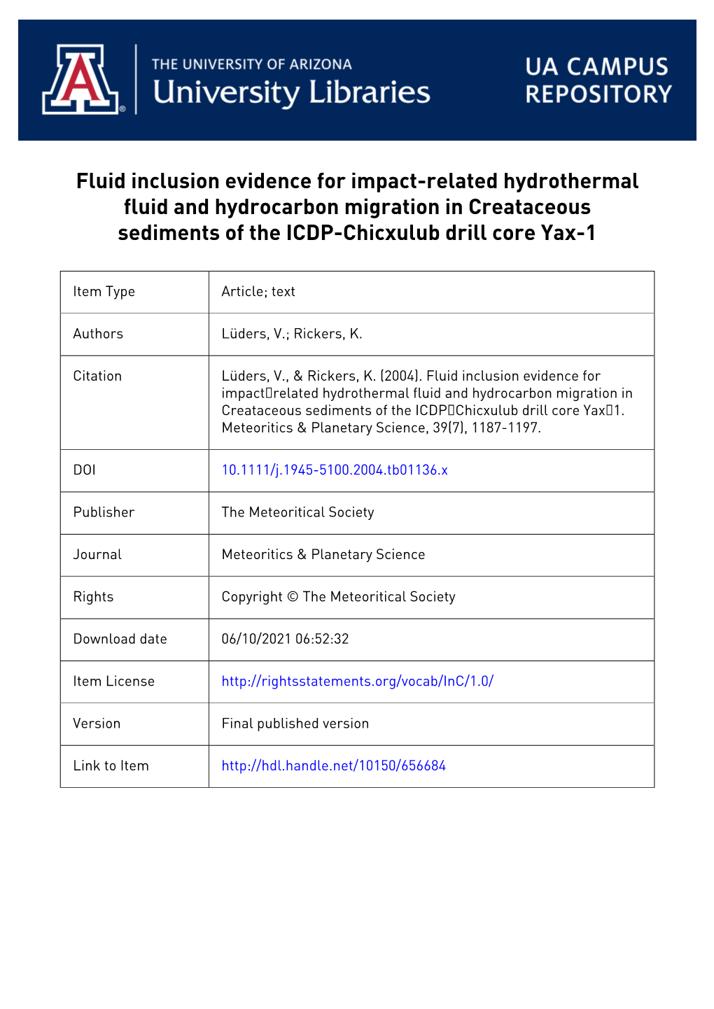 Fluid Inclusion Evidence for Impact‐Related Hydrothermal Fluid And