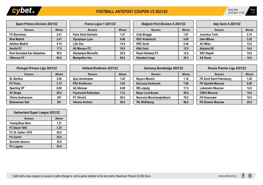 Football Antepost Coupon 1/2 2021/22 21/07/2021 11:05 1 / 4