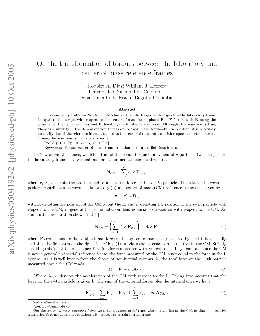 On the Transformation of Torques Between the Laboratory and Center