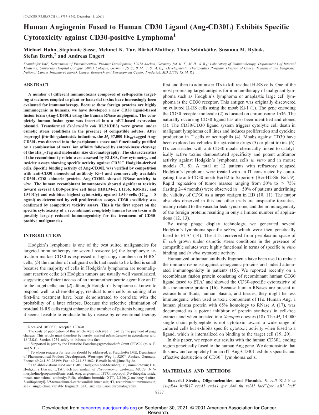 Human Angiogenin Fused to Human CD30 Ligand (Ang-CD30L) Exhibits Specific Cytotoxicity Against CD30-Positive Lymphoma1