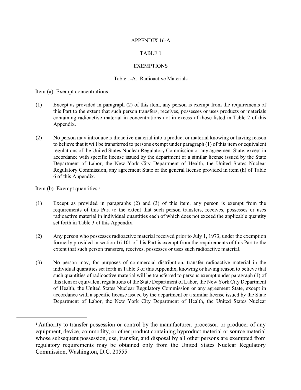 10 NYCRR Part 16 Appendix a on Exemptions