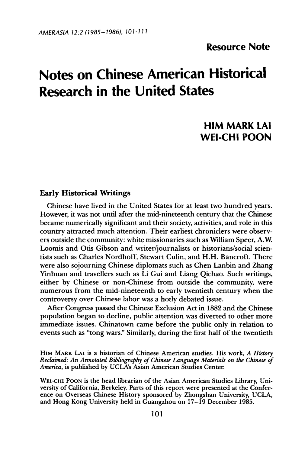 Notes on Chinese American Historical Research in the United States