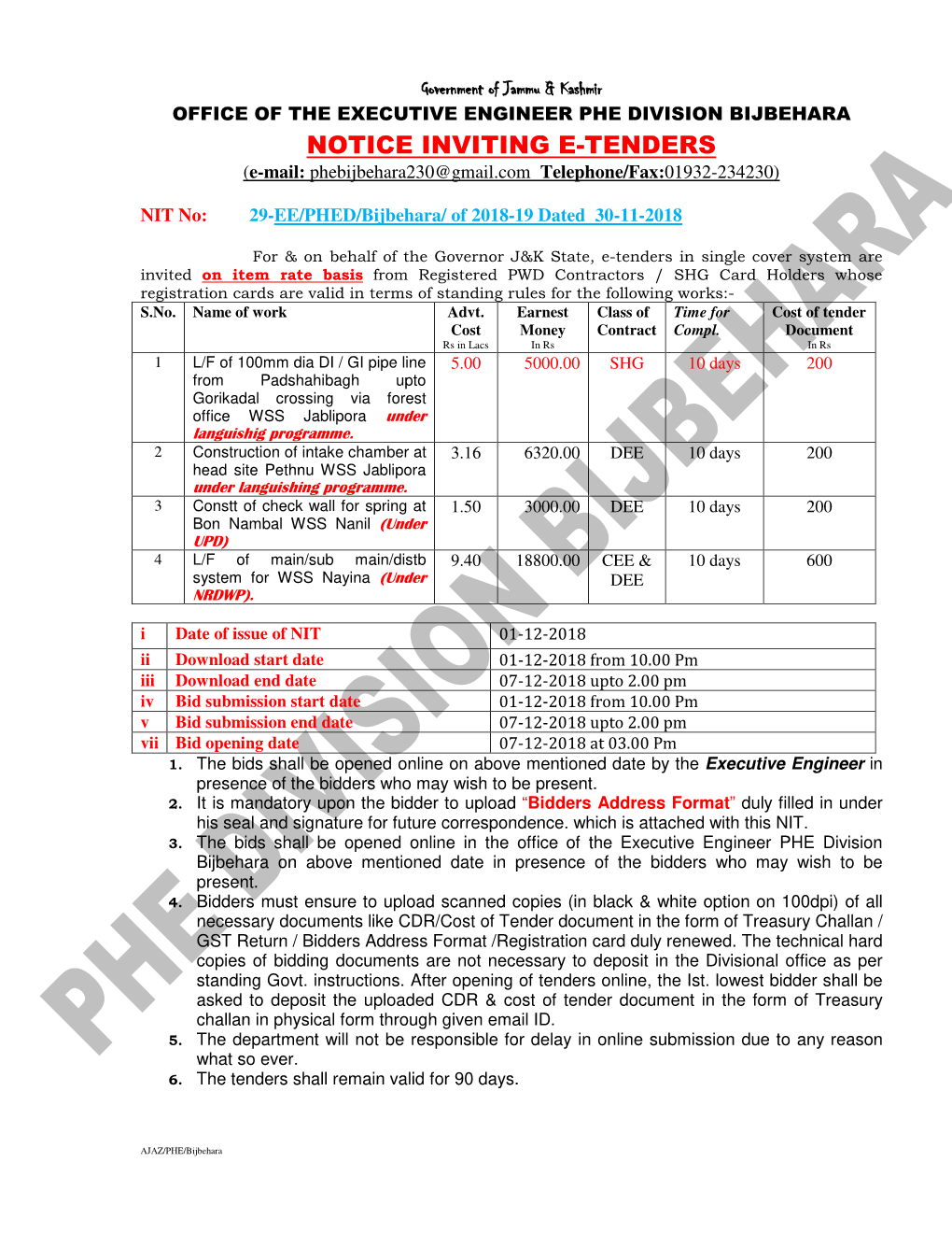 NOTICE INVITING E-TENDERS (E-Mail: Phebijbehara230@Gmail.Com Telephone/Fax: 01932-234230)