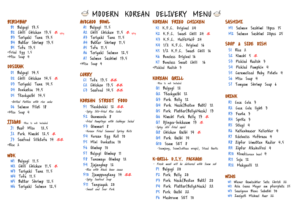 MODERN KOREAN DELIVERY MENU BIBIMBAP AVOCADO BOWL KOREAN FRIED CHICKEN SASHIMI B1 Bulgogi 13.5 A1 Bulgogi 11.5 K1 K.F.C