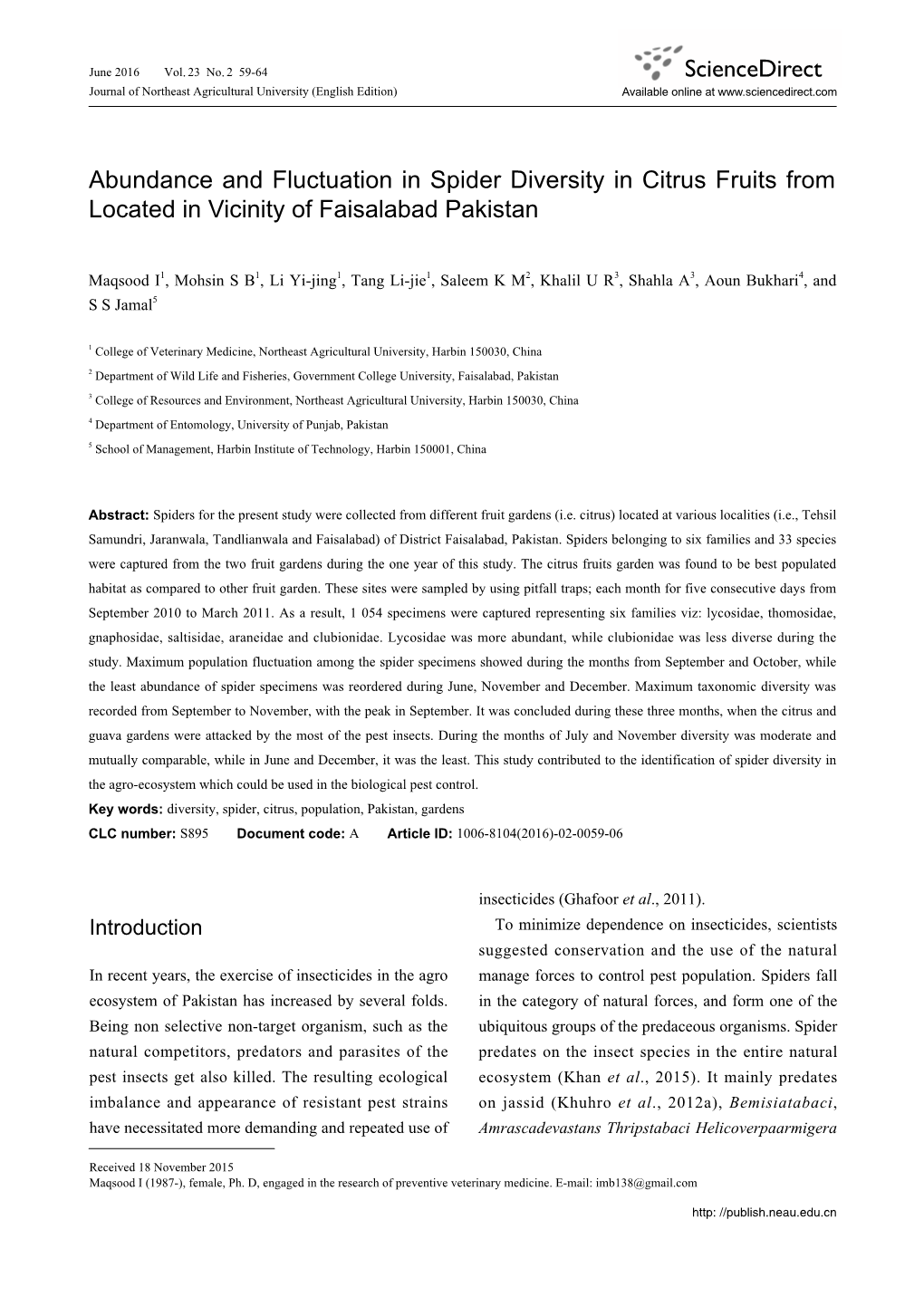 Abundance and Fluctuation in Spider Diversity in Citrus Fruits from Located in Vicinity of Faisalabad Pakistan