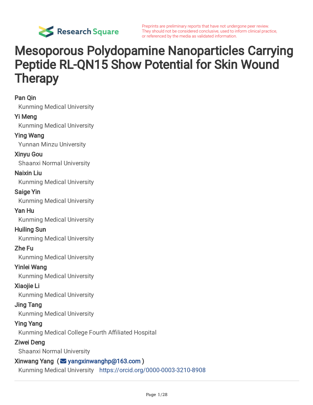 Mesoporous Polydopamine Nanoparticles Carrying Peptide RL-QN15 Show Potential for Skin Wound Therapy