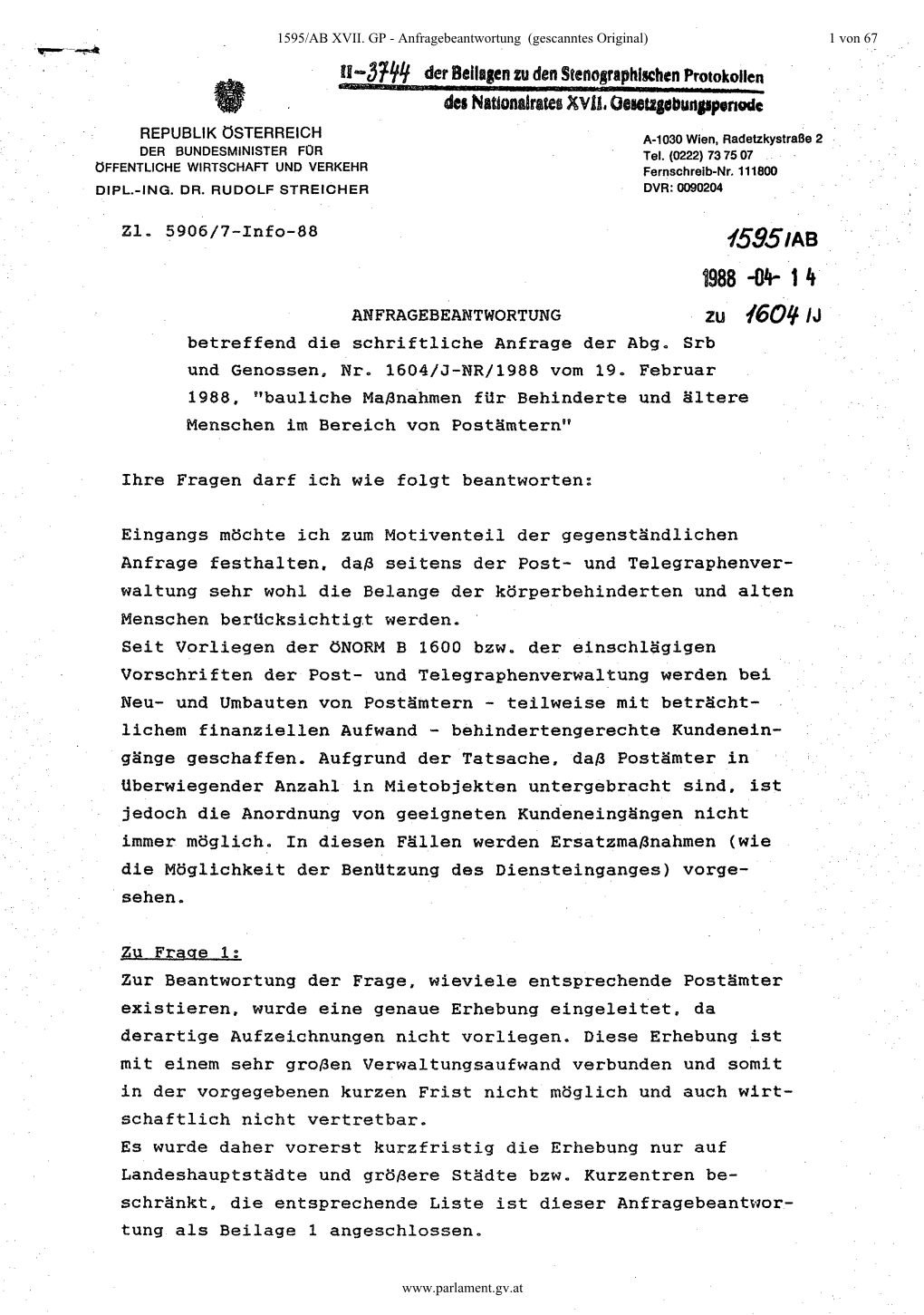 1988 -Dir 1 4 ANFRAGEBEANTWORTUNG Zu {601J IJ Betreffend Die Schriftliche Anfrage Der Abg