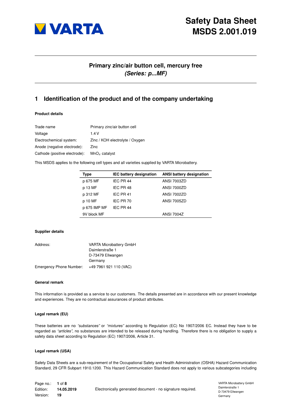 Varta Msds Primary Zinc Air B