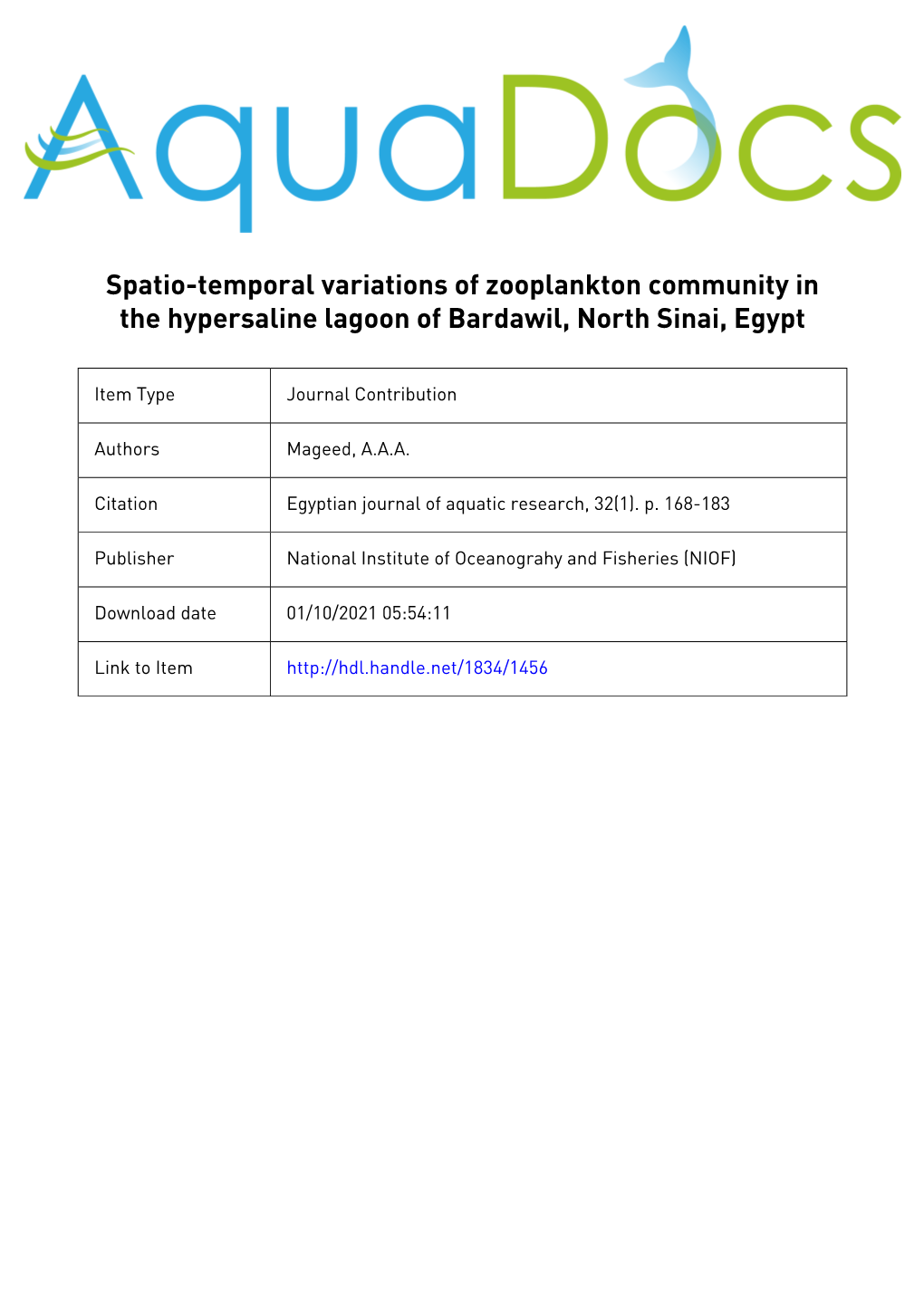 Spatio-Temporal Variations of Zooplankton Community in the Hypersaline Lagoon of Bardawil, North Sinai, Egypt