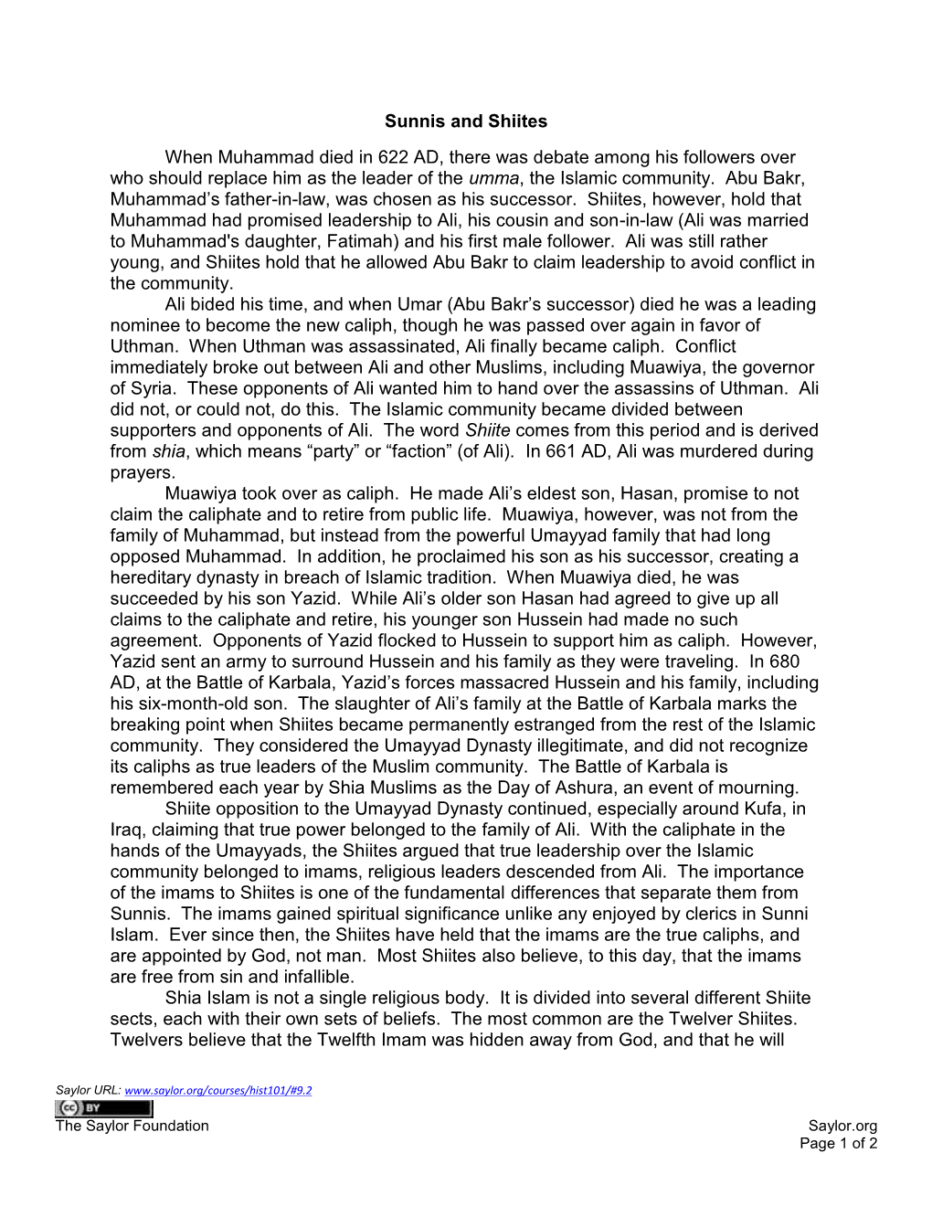 Sunnis and Shiites When Muhammad Died in 622 AD, There Was Debate Among His Followers Over Who Should Replace Him As the Leader of the Umma, the Islamic Community