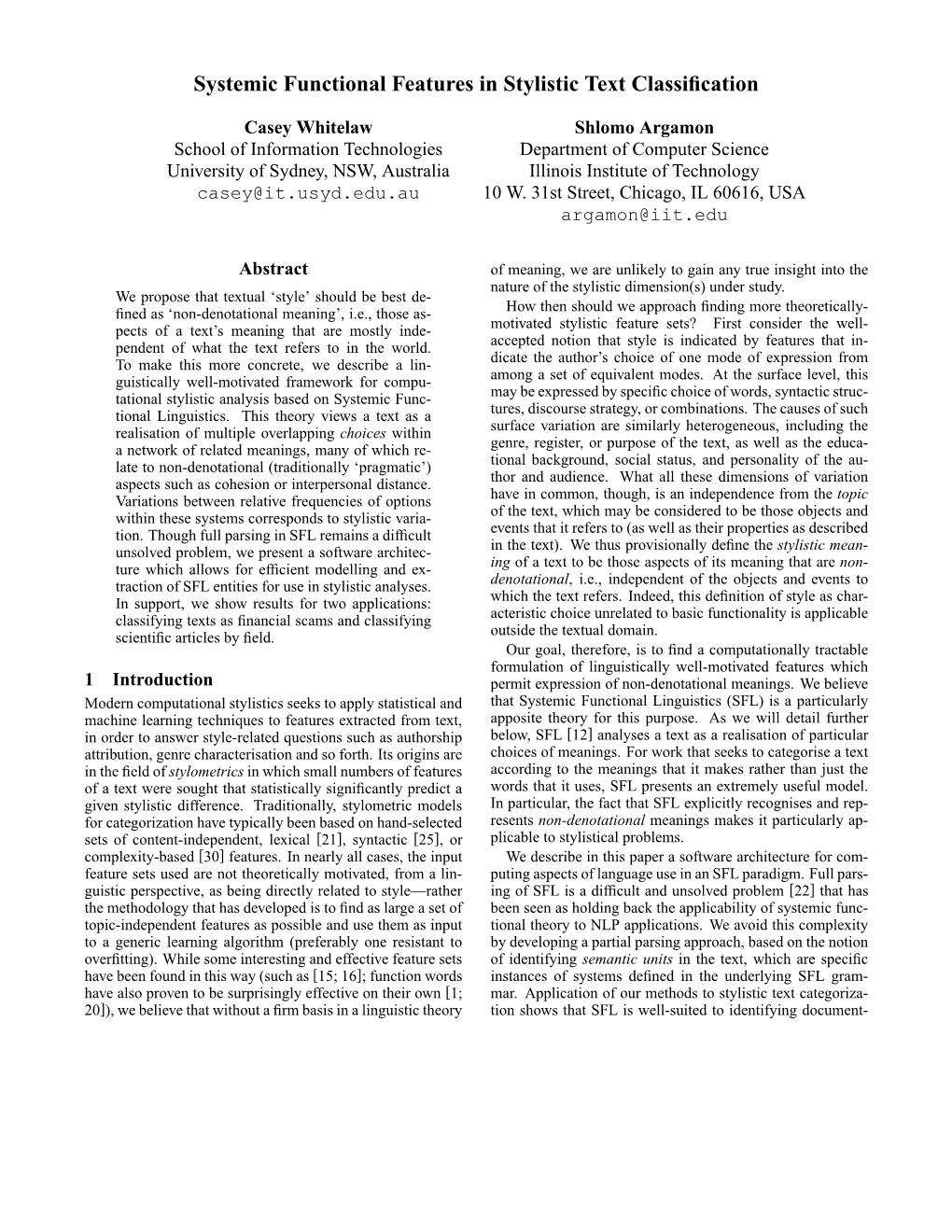 Systemic Functional Features in Stylistic Text Classification