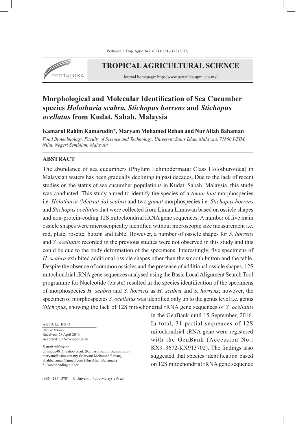 Morphological and Molecular Identifcation of Sea Cucumber