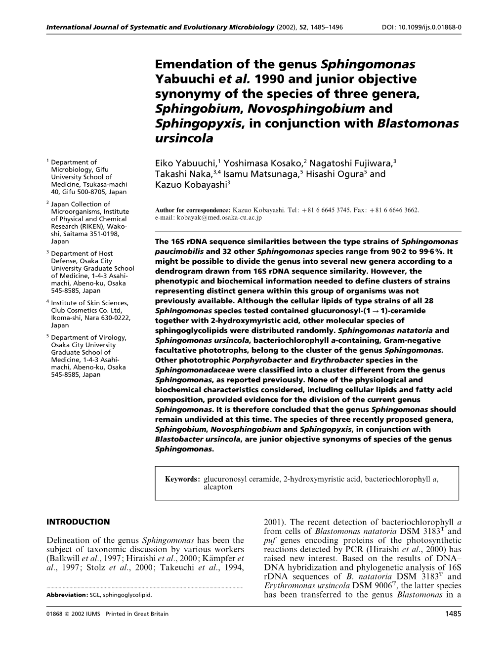 Emendation of the Genus Sphingomonas Yabuuchi Et Al