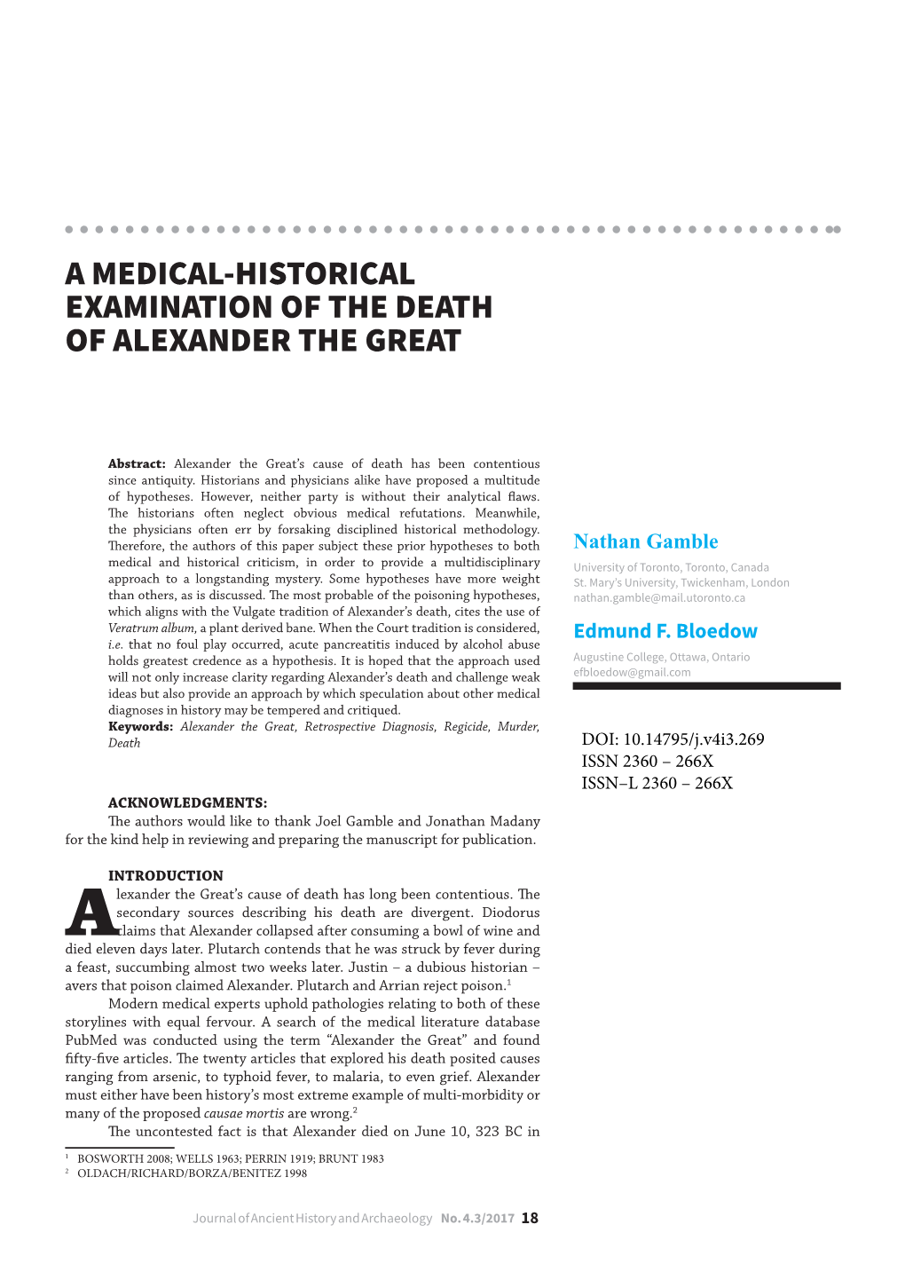 A Medical-Historical Examination of the Death of Alexander the Great