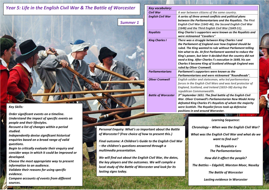 Year 5: Life in the English Civil War & the Battle of Worcester