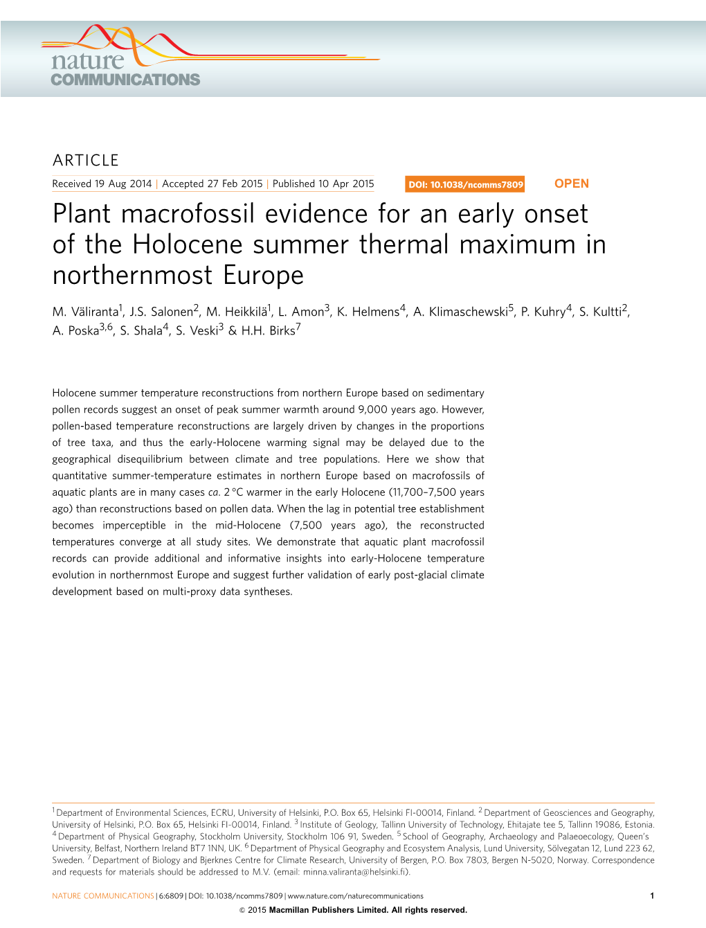 Plant Macrofossil Evidence for an Early Onset of the Holocene Summer Thermal Maximum in Northernmost Europe