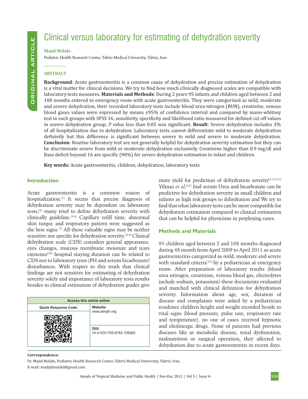 Clinical Versus Laboratory for Estimating of Dehydration Severity