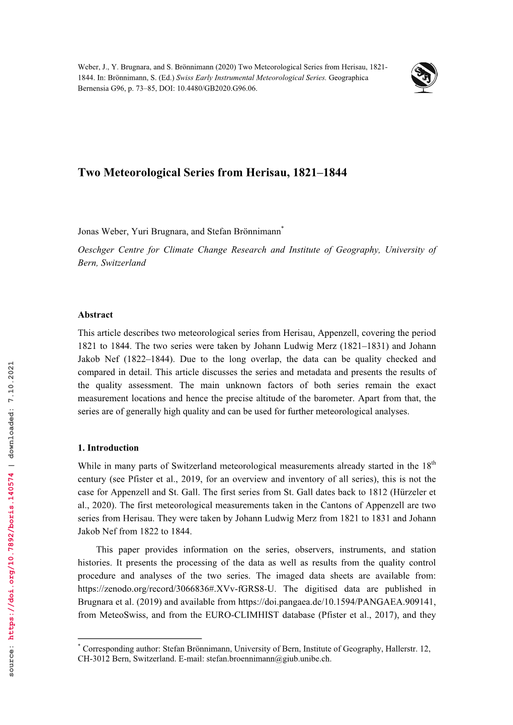 Two Meteorological Series from Herisau, 1821–1844