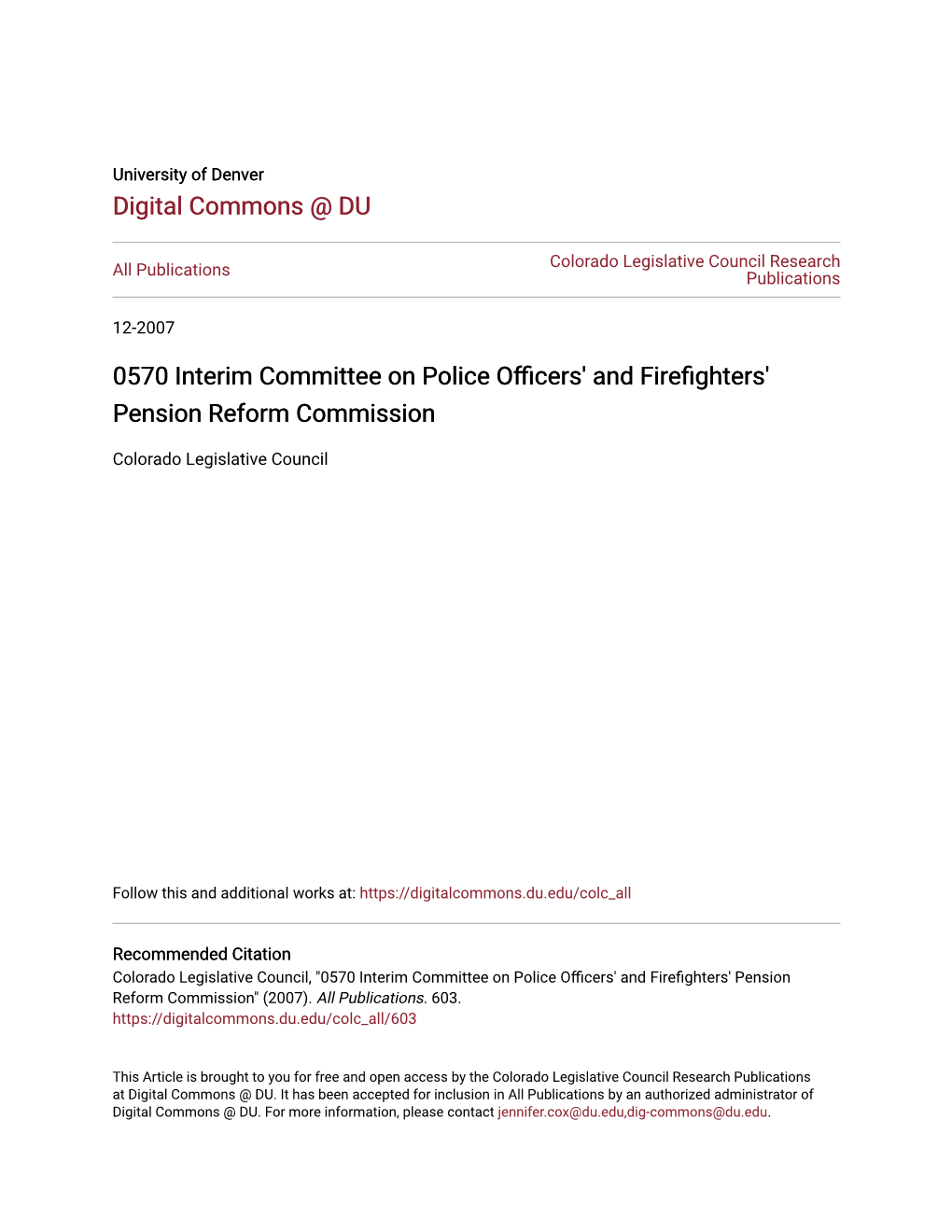 0570 Interim Committee on Police Officers' and Firefighters' Pension Reform Commission