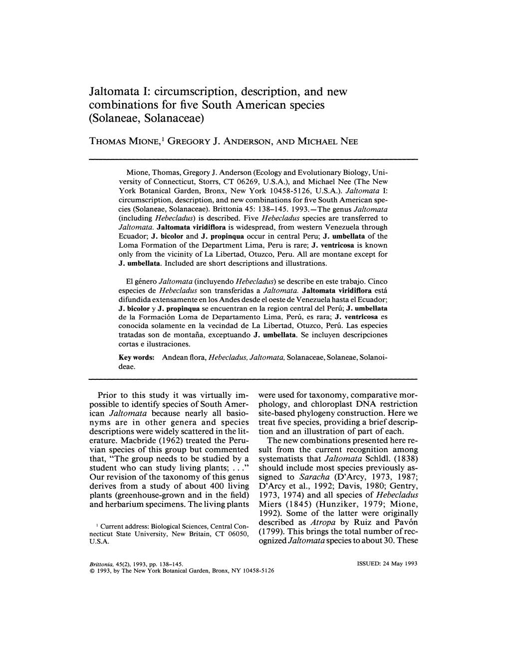 Jaltomata I: Circumscription, Description, and New Combinations for Five South American Species (Solaneae, Solanaceae)