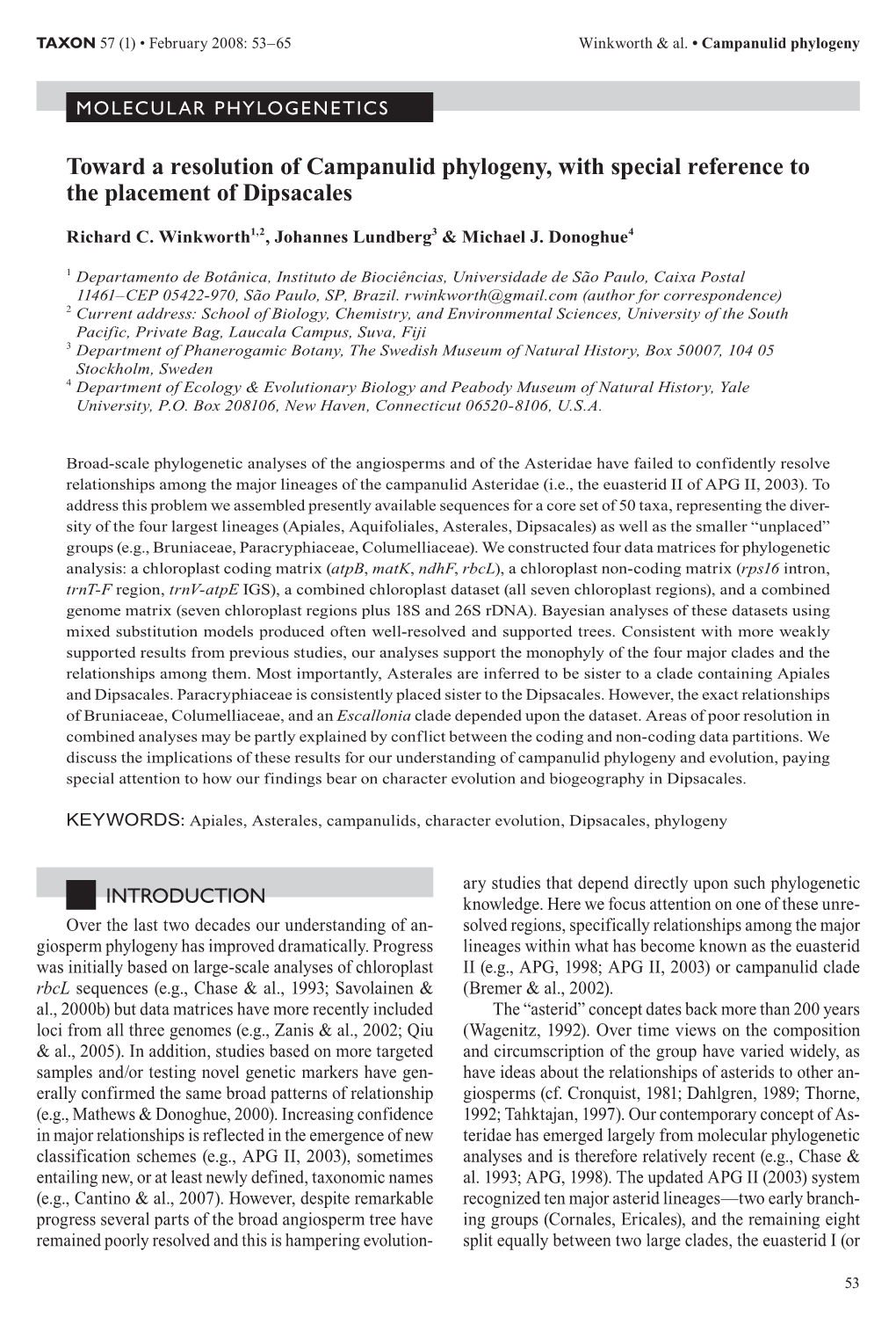 Toward a Resolution of Campanulid Phylogeny, with Special Reference to the Placement of Dipsacales