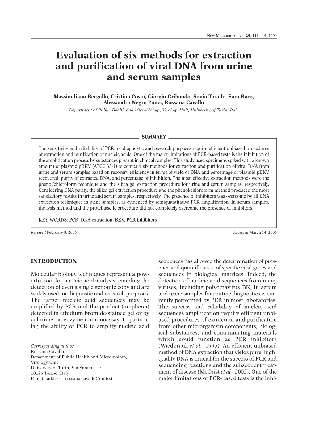 Evaluation of Six Methods for Extraction and Purification of Viral DNA from Urine and Serum Samples